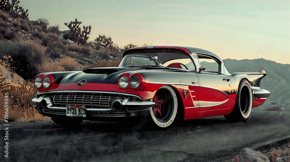 Old school red and black 50s car with wide body kit, racing wheels
