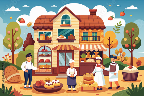 Charming village bakery with delicious pastries and friendly staff Illustration