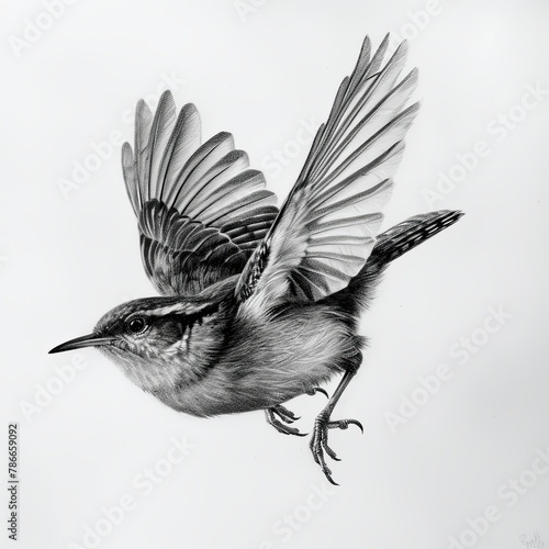 Hand Drawn Pencil Sketch Illustration of a Wren Bird in Flight. Black and White Composition on a White Background.