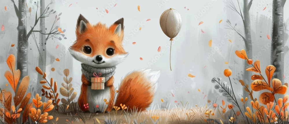 Fototapeta premium Animated birthday fox with air balloon and present, watercolor illustration, holiday card design for cards and prints