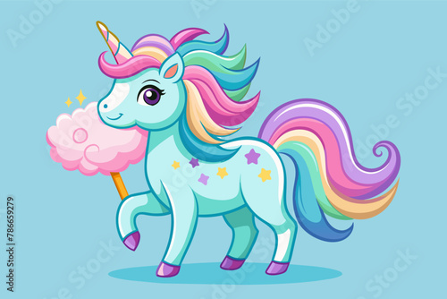 Cheerful unicorn with a mane of cotton candy white cloud  Beautiful unicorn vector