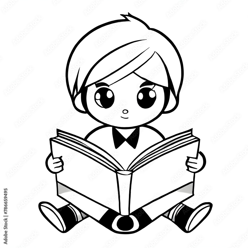 Un dibujo para colorear de un niño leyendo un libro Un dibujo para colorear de un niño leyendo un libro