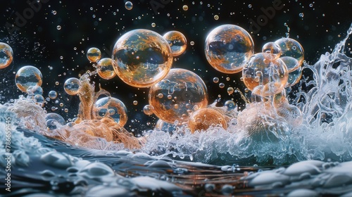 Hyperrealistic bubble exploding in a splash of water against a moody background photo