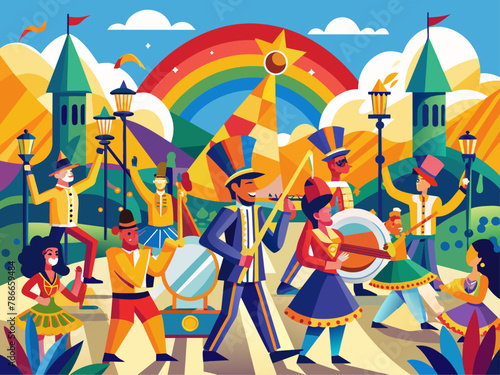 A colorful parade with marching bands, dancers, and giant floats Illustration