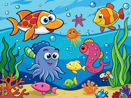 A colorful underwater world with playful sea creatures Illustration © SaroStock