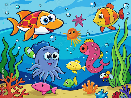 A colorful underwater world with playful sea creatures Illustration