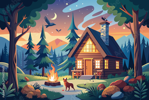 Cabin in the woods with a crackling fire and woodland creatures Illustration