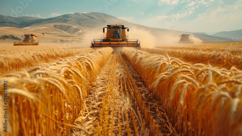 Modern harvester working behind a cluster of ripe grapes in a vineyard during sunset