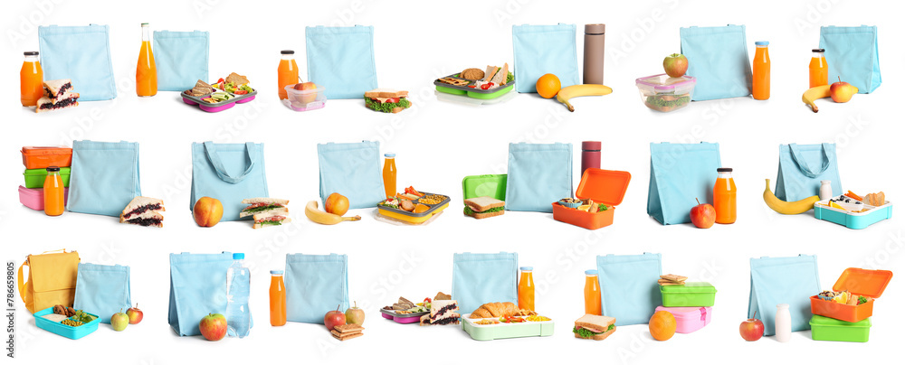 Set of lunch boxes and thermo bags with food isolated on white