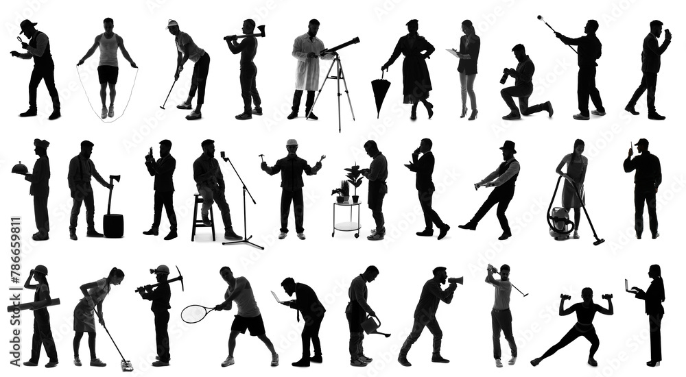 Group of silhouettes of different people on white background