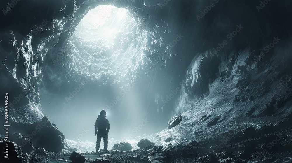 Lone miner stands at the entrance of a vast cave illuminated by natural light - obrazy, fototapety, plakaty 
