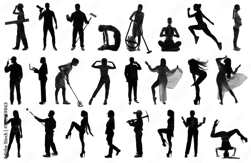 Group of silhouettes of different people on white background