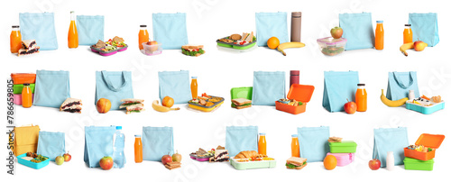 Set of lunch boxes and thermo bags with food isolated on white