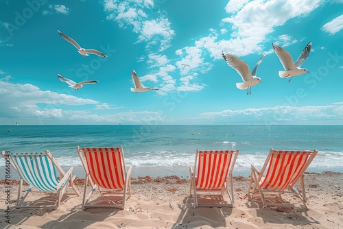 Seagulls flying in summer blue sky over striped beach chair. Summer vacation concept. Beach holiday mood