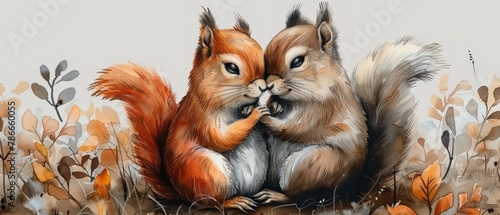 Illustration with cartoon characters of a squirrel couple exchanging tender hugs, watercolor clipart, good for cards and print designs photo