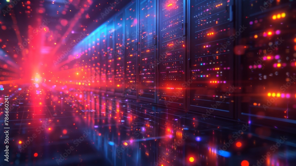 Futuristic data center with glowing lights and servers in vibrant colors