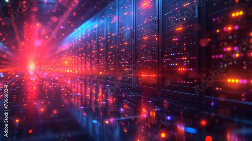 Futuristic data center with glowing lights and servers in vibrant colors