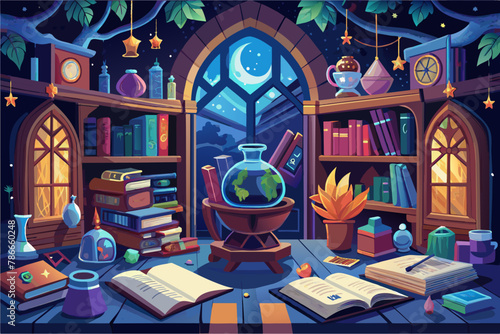 Fantastical library filled with spellbooks, magical artifacts, and ancient tomes Illustration