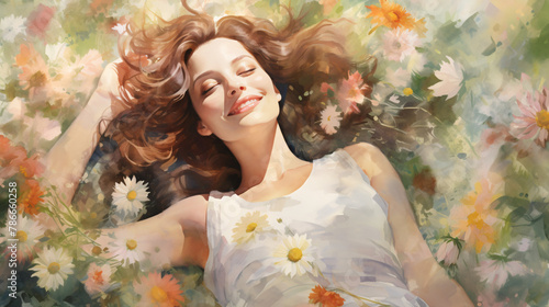 watercolor illustration of a relaxing scene with a young woman lying happily in a field of wildflowers  photo