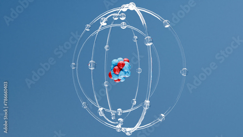 Fototapeta Naklejka Na Ścianę i Meble -  Atom anatomy, Atomic model or structure , loop animation, electrons orbiting the nucleus particles, Single atom and its electron cloud. Quantum mechanics and atomic, Neutrons and protons, 3d render