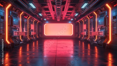 Futuristic room with glowing neon lights and advanced technology design