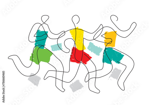 Running race, marathon, jogging, line art stylized.
 Stylized illustration of three running racers. Continuous line drawing design. Isolated on white background. Vector available.