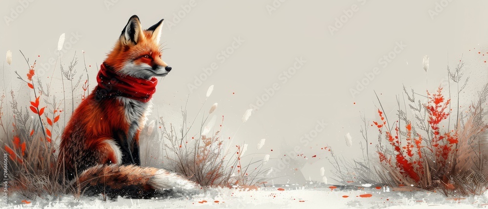 Fototapeta premium Winter fox in scarf, fantasy watercolor style banner suitable for wallpaper, prints, and backgrounds