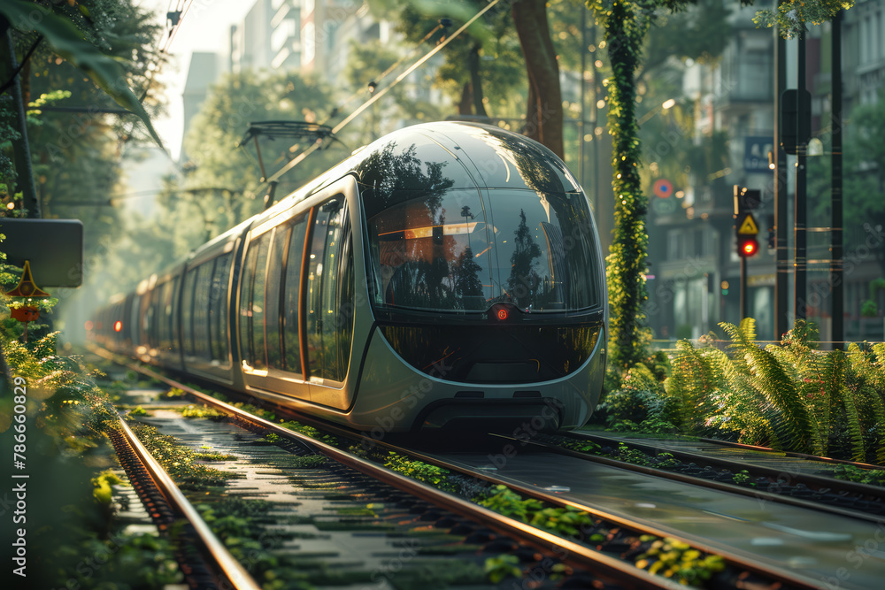 Naklejka premium A visionary plan for sustainable transportation, reducing carbon emissions and congestion in cities. Concept of sustainable mobility and urban planning. Generative Ai.