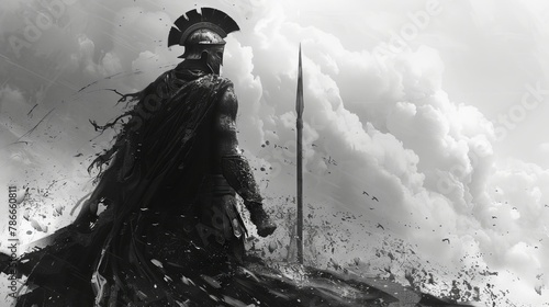 Dramatic monochrome artwork of a Spartan warrior standing against a stormy sky