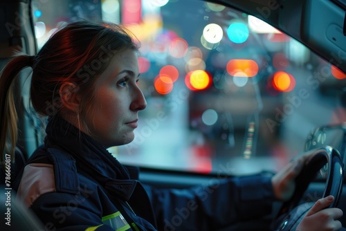 A woman driver sits behind the wheel of her car