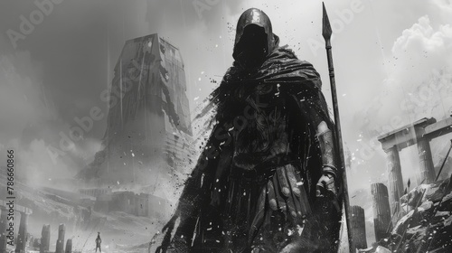 Dramatic monochrome artwork of a Spartan warrior standing against a stormy sky