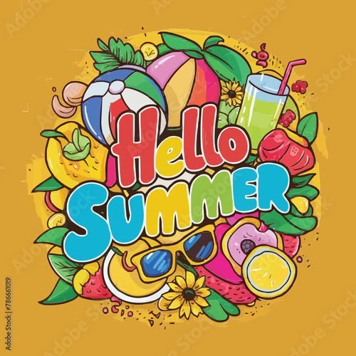 Hello summer colorful vector art illustration with different customized vector illustration art