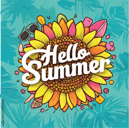 Hello summer colorful vector art illustration with different customized vector illustration art