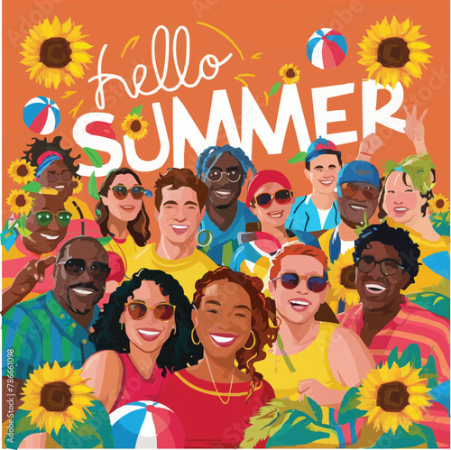 Hello summer colorful vector art illustration with different customized vector illustration art