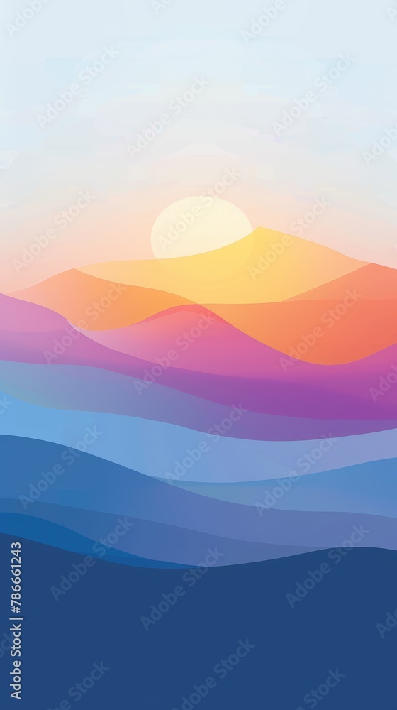 Abstract geometric sunrise over colorful mountains.