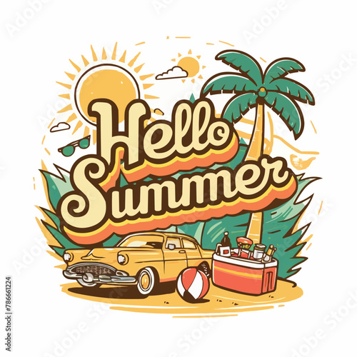 Hello summer colorful vector art illustration with different customized vector illustration art