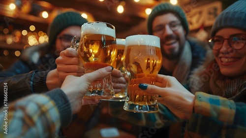 Joyful of Friendship Highlighted by Warm Pub Ambiance and Clinking Beer Glasses