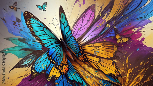 Modern Abstract Art Using a Vibrant Butterfly and Flower Effect Evolving into Colorful 3D Like Dynamic Thick Oil Splash, Spray and Symmetrical Effects