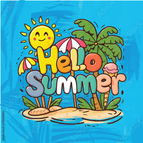 Hello summer colorful vector art illustration with different customized vector illustration art
