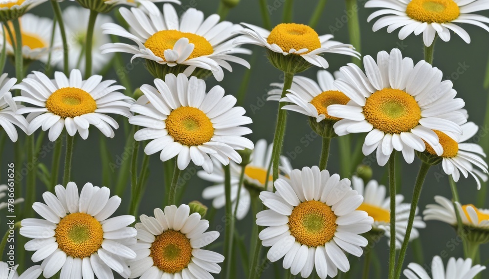 row of white chamomile daisy flowers in bright colours 