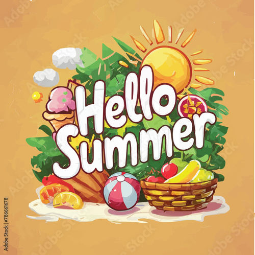 Hello summer colorful vector art illustration with different customized vector illustration art