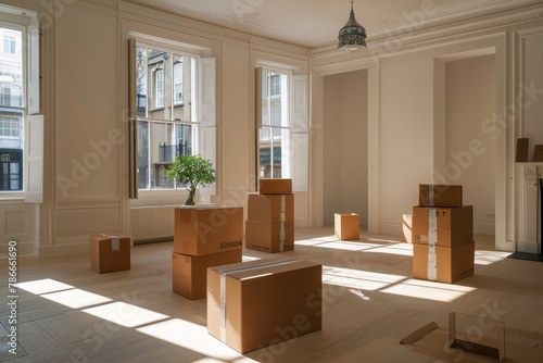 A room full of cardboard boxes with a plant in the middle. The room is empty and the boxes are stacked on top of each other © mariodelavega