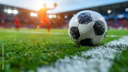 A soccer ball rests on the sideline of the soccer field
