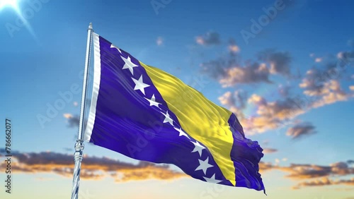 Bosnia and Herzegovina flag Waving Realistic With Sky photo