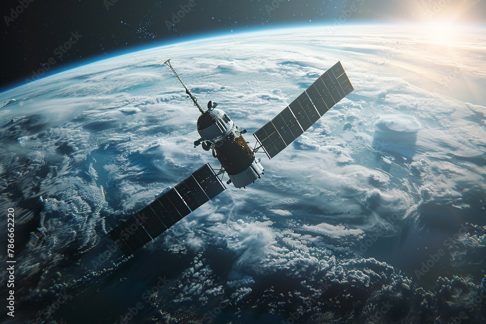 Naklejka premium Experience the tranquility of a satellite gracefully orbiting Earth, offering a breathtaking view of continents and oceans below. This serene scene symbolizes the cutting-edge technology and seamless 