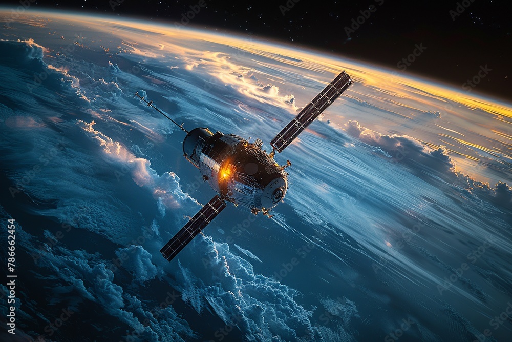 Obraz premium Experience the tranquility of a satellite gracefully orbiting Earth, offering a breathtaking view of continents and oceans below. This serene scene symbolizes the cutting-edge technology and seamless 