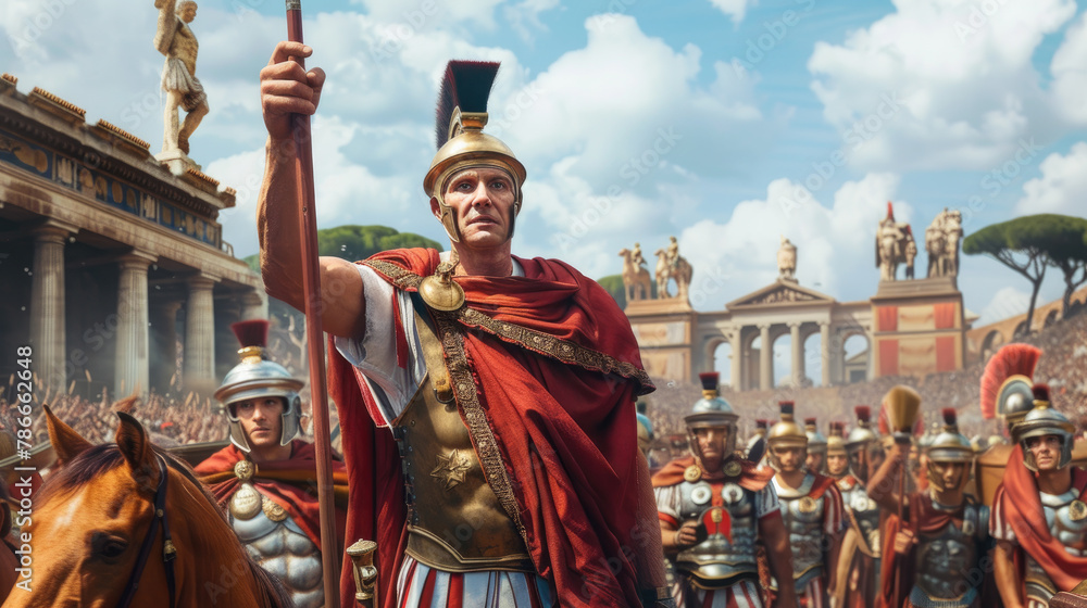 Obraz premium Ancient Roman warlord like Julius Caesar on army background, soldiers and general in Rome city. Concept of military, warrior, Empire, history, victory, antique