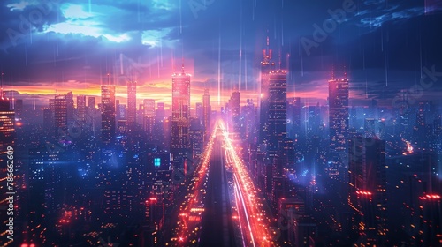 Illuminated cityscape at night with dynamic light trails and futuristic glow