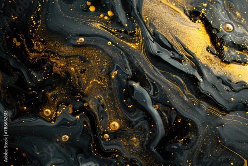 Black liquid texture background, top view of waves of oil and gold glitter, abstract luxury paint pattern. Concept of shiny marble surface, watercolor, swirl
