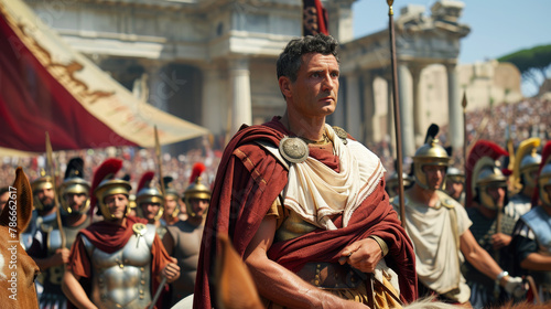 Obraz na płótnie Ancient Roman warlord like Julius Caesar on army background, soldiers and general in Rome city. Concept of military, warrior, Empire, history, victory, antique w salonie